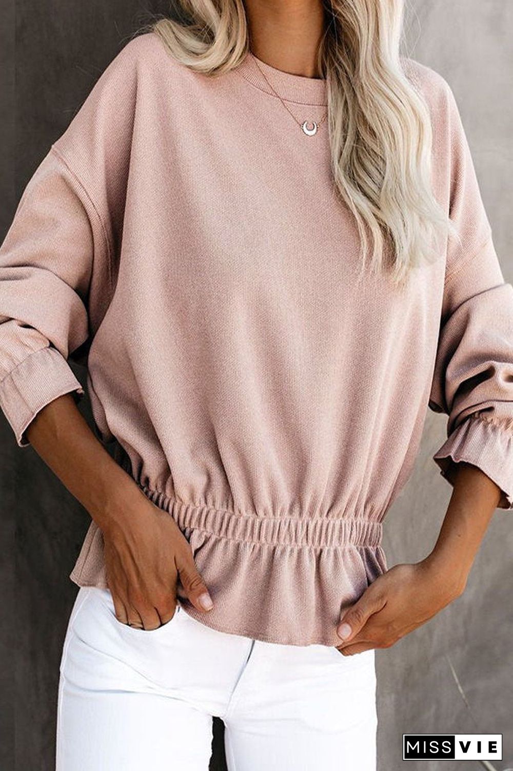 Round Neck Casual Elastic Waist Top