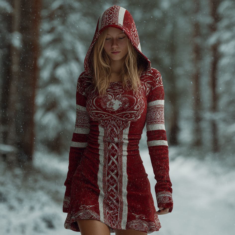 Women's Vintage Viking Celtic Style Hooded Knitted Sweater Dress elevenforest