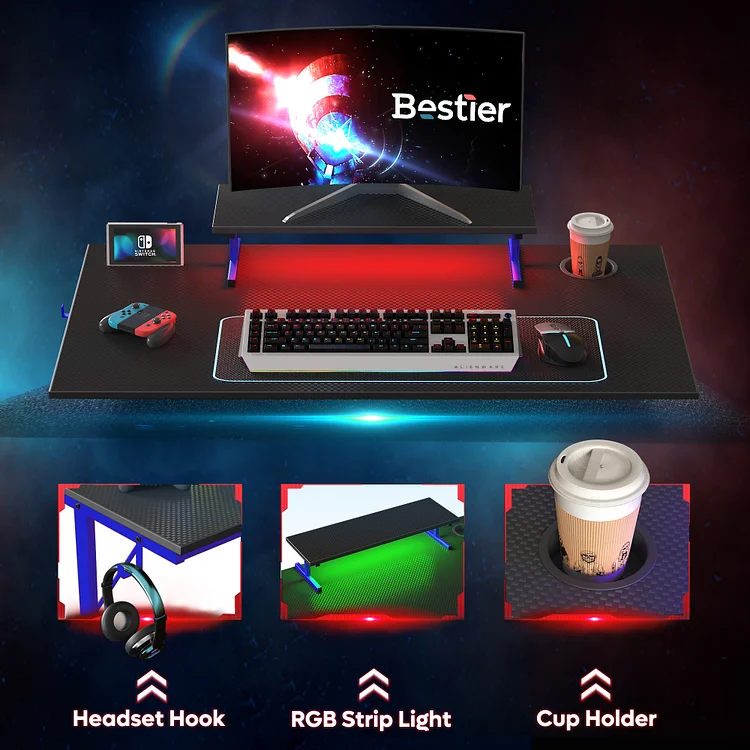 Bestier 44 in. Computer Desk with LED Lights Gaming Desk with 4