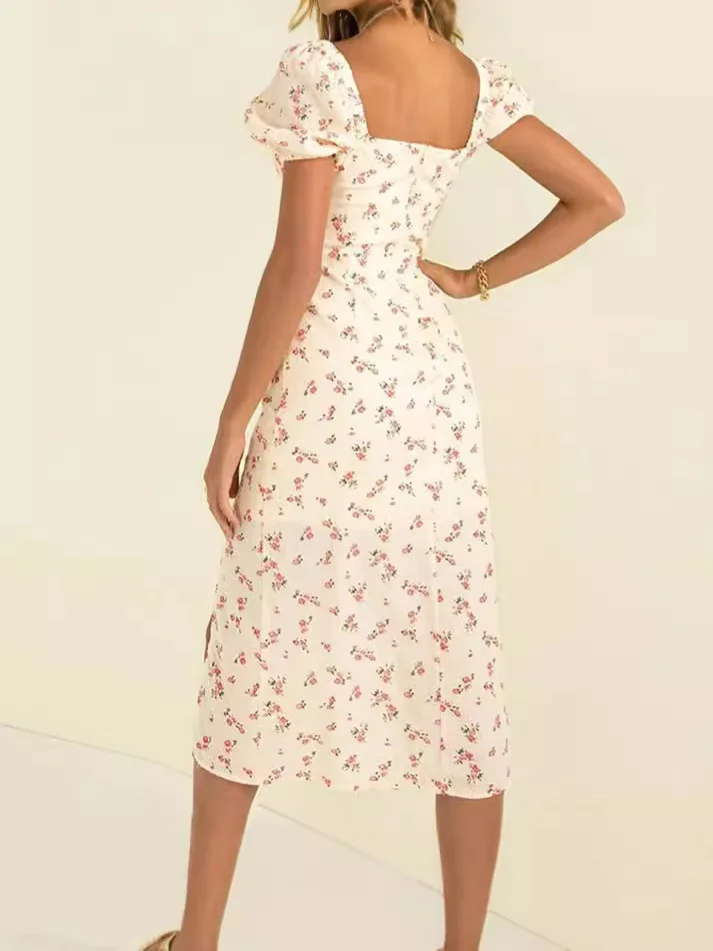 Nigikala Nigikala Women's Dresses French Vintage Dress Renovated Fork Long Bubble Sleeve Dress