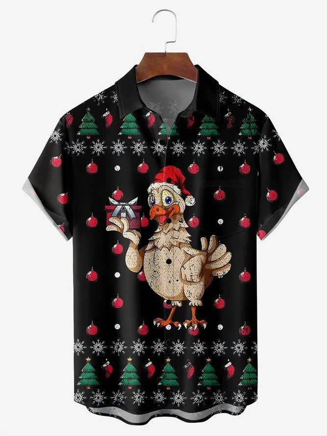 Christmas Chicken Art Pattern Casual Print Short Sleeve Shirt