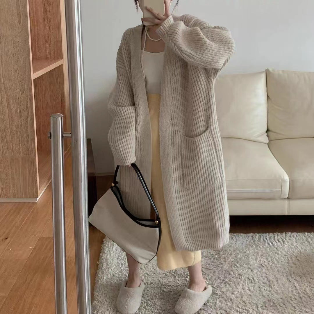 Aiertu fall outfits Solid Color Knitted Cardigan Women's Autumn and Winter Loose Temperament V-neck Lazy Style Mid-Length over-the-Knee Sweater Coat Fashion aiertu