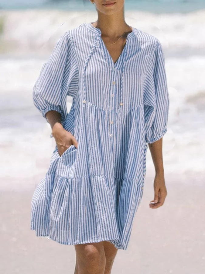 Women'S Casual V-Neck Mid-Sleeve Striped Print Patchwork Dresss