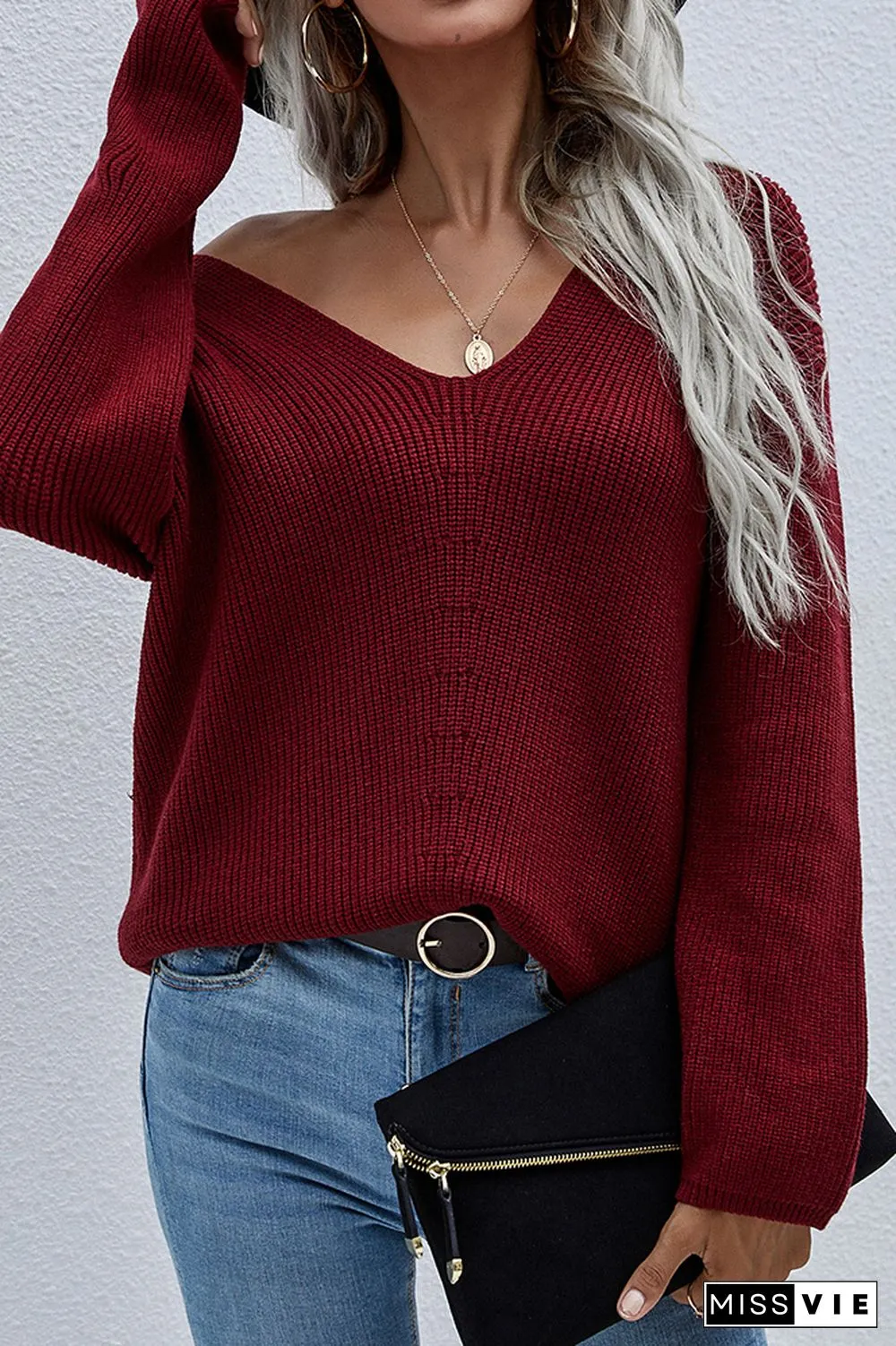 V-neck Long Sleeves Loose Solid Color Pullover Sweater Wholesale