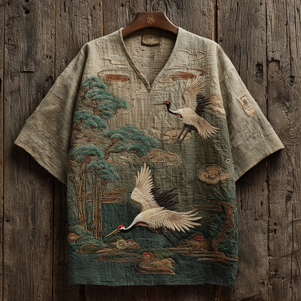 Japanese Crane And Landscape Embroidered V-neck Linen Shirt  artssus