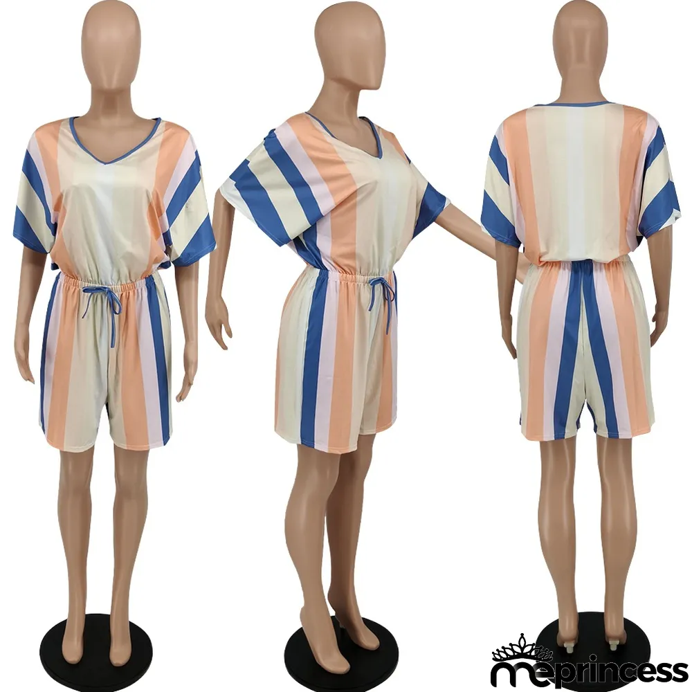 Casual Loose Striped V Neck Short Sleeve Romper
