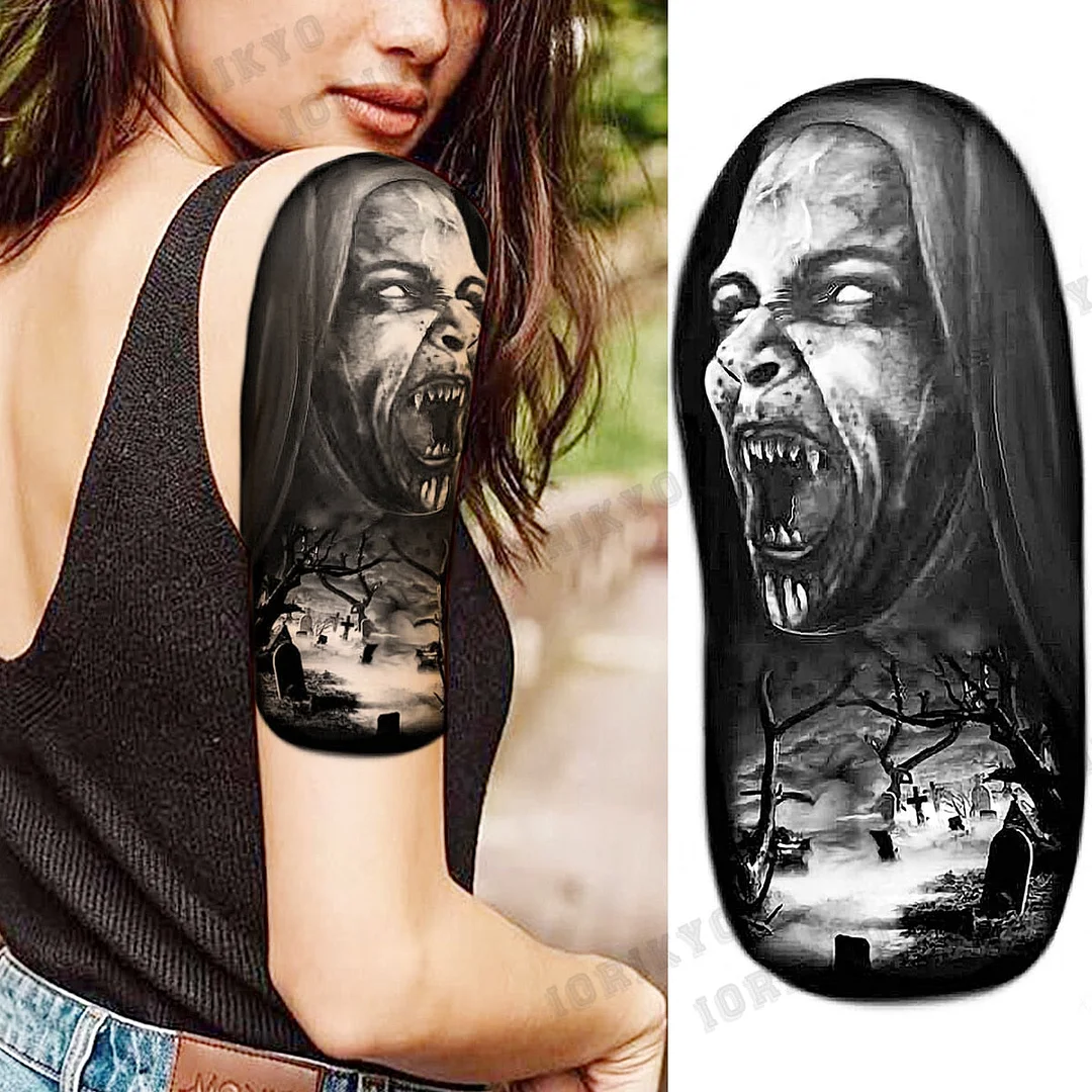 Black Devil Vampire Arm Temporary Tattoos For Women Adult Skull Lion Crown Compass Fake Tattoo Washable Body Art Painting Tatoos