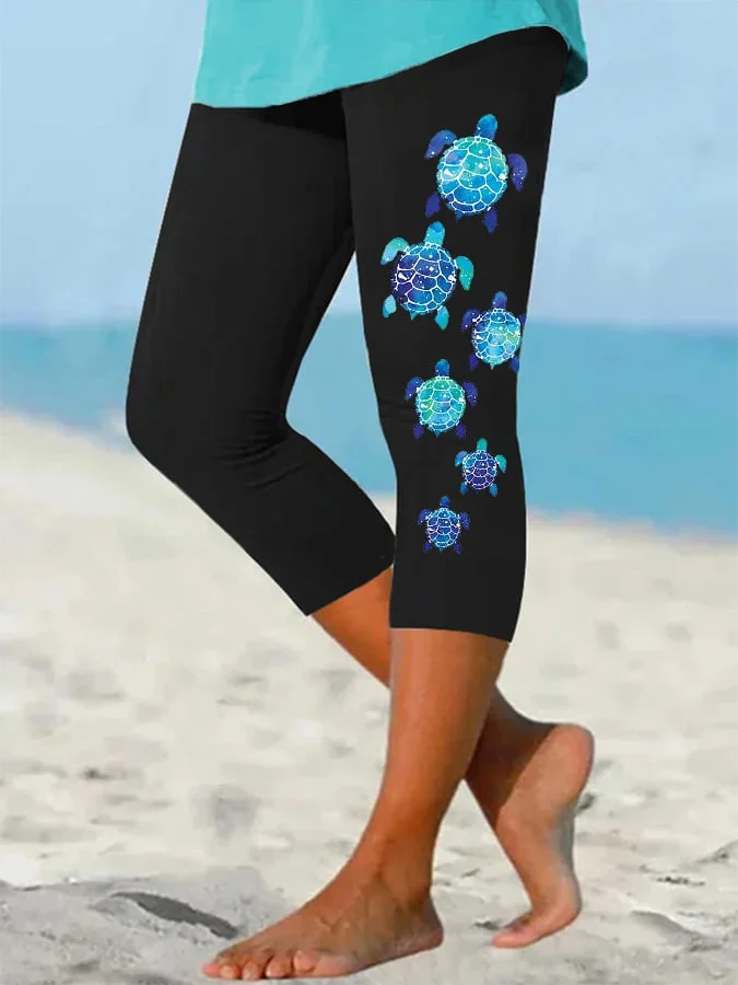 Women's Cute Sea Turtle Print Cropped Leggings