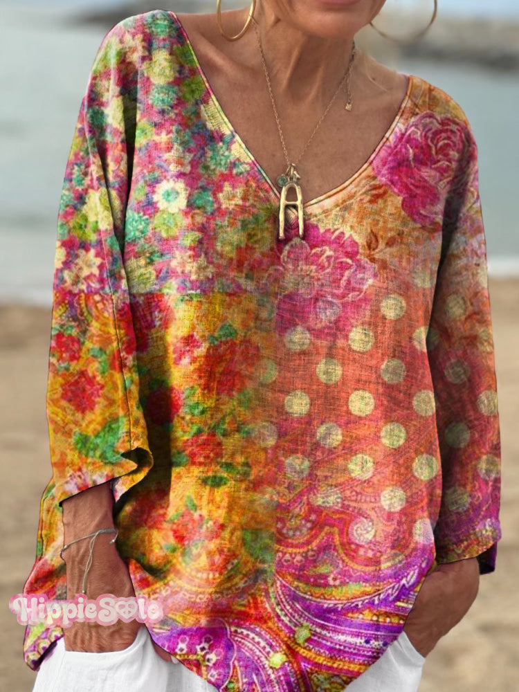 Women’s Colorful Ethnic Style Art Print Casual V-Neck Long Sleeve Comfortable Cotton T-Shirt