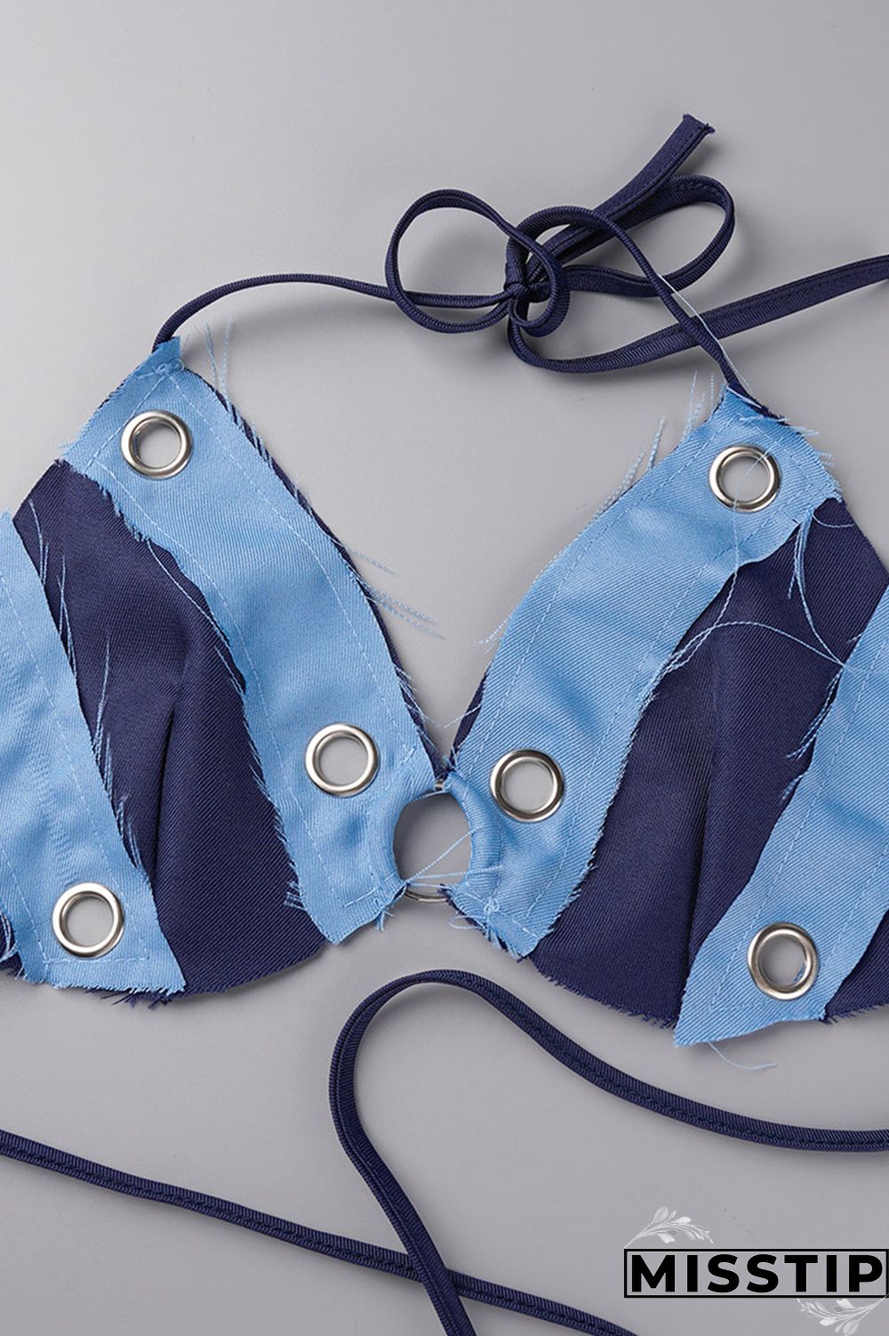 Blue Sexy Patchwork Bandage Hollowed Out Backless Contrast Halter Sleeveless Two Pieces