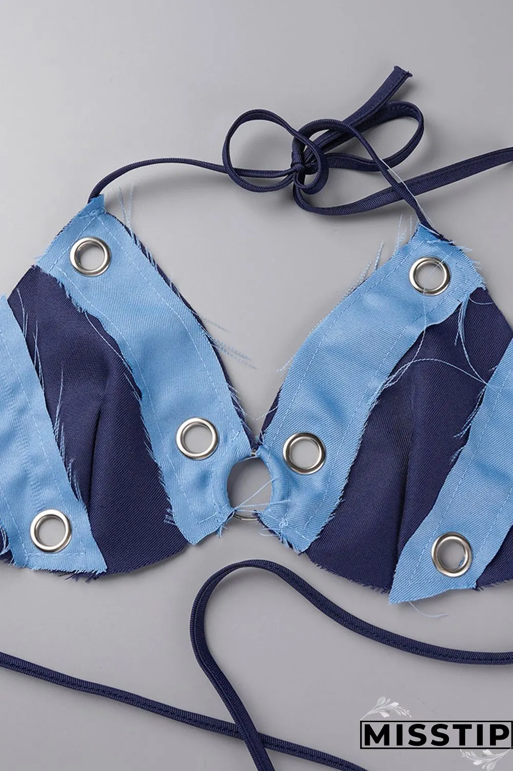 Blue Sexy Patchwork Bandage Hollowed Out Backless Contrast Halter Sleeveless Two Pieces