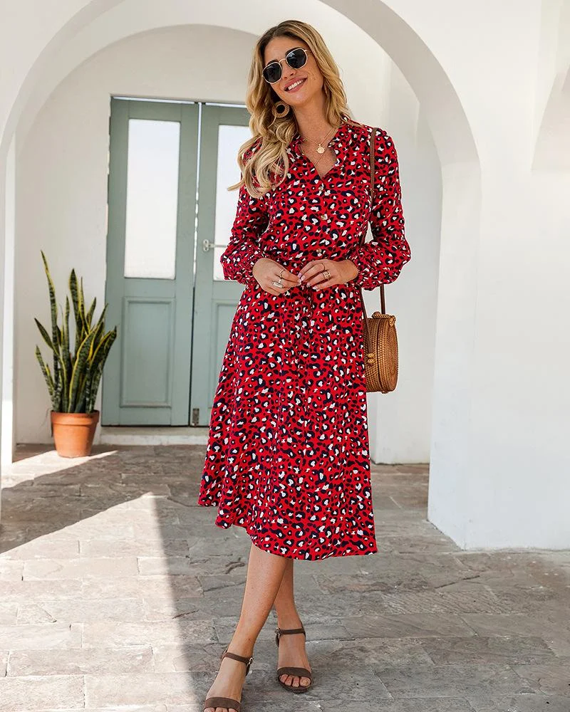 Red Leopard Printed Maxi Dress with Long Sleeves丨August Lemonade
