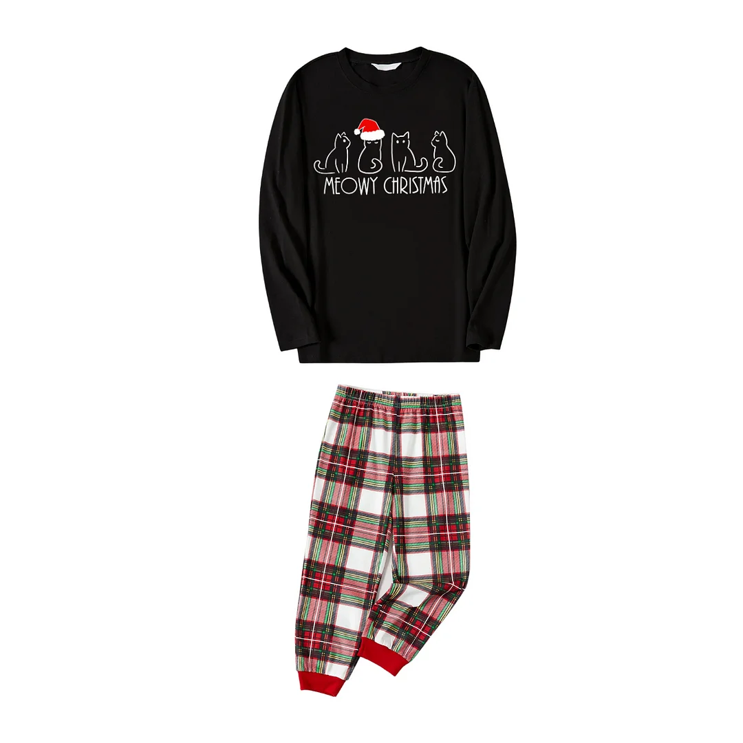 Christmas Cat Print Black Long Sleeve Top with Red & White & Green Plaid Family Matching Pajamas