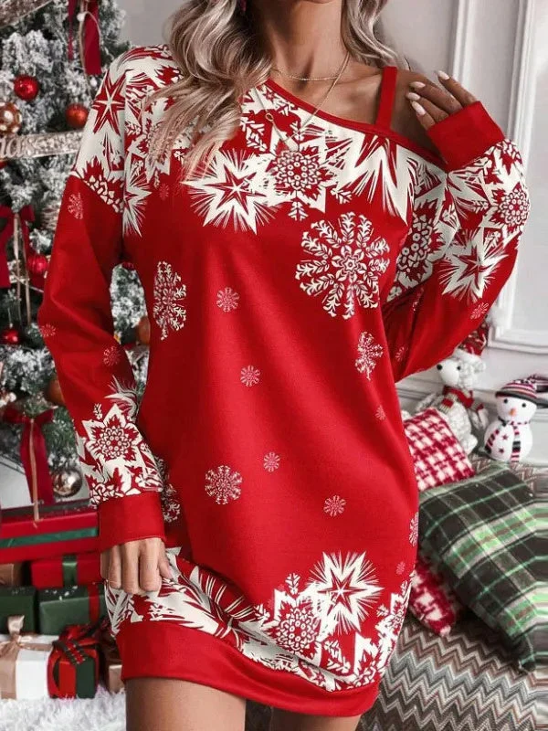 Women's Long Sleeve Cold Shoulder Graphic Printed Midi Dress