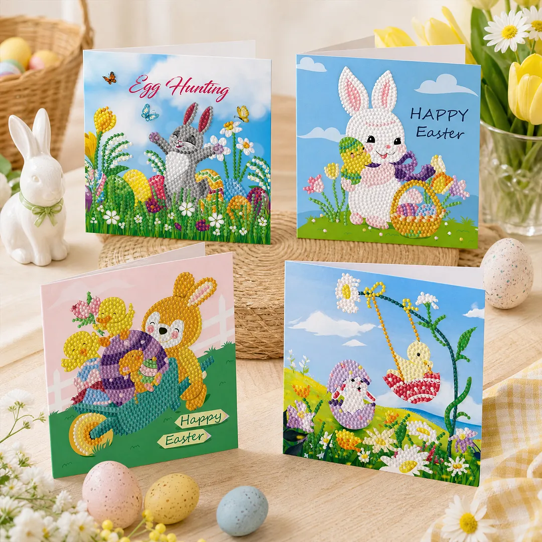 4Pcs Rabbit Easter Egg Theme DIY Diamond Painting Greeting Card Set with Envelopes 5D Unique Rhinestone Arts Card Rhinestone Diamonds Art Postcards for Adults Gifts Families Friends Partners