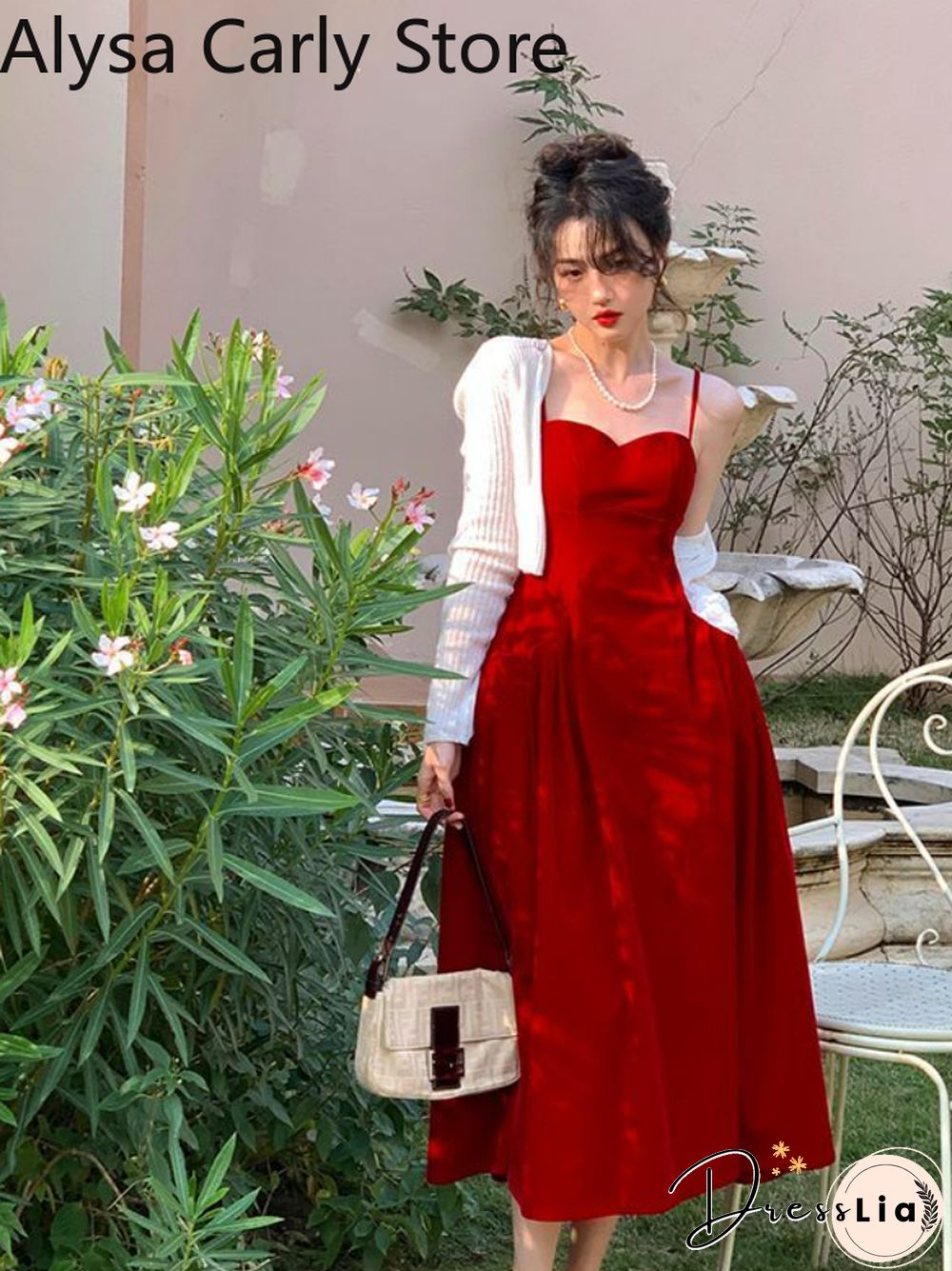 French Vintage strap dress women red elegant Korean party midi female sexy backless