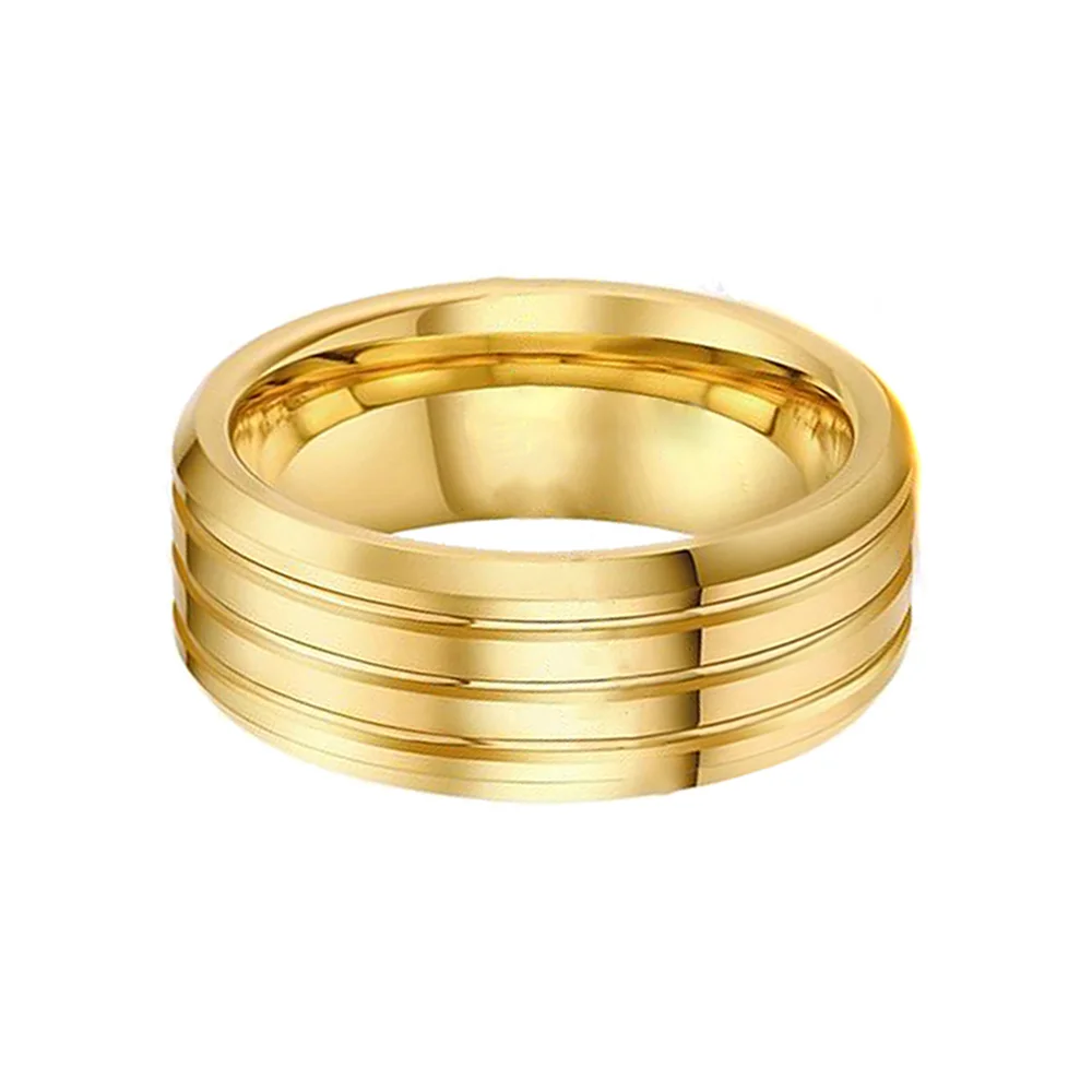 8MM Mens Tungsten Carbide Rings Gold Plated Grooves Wedding Band