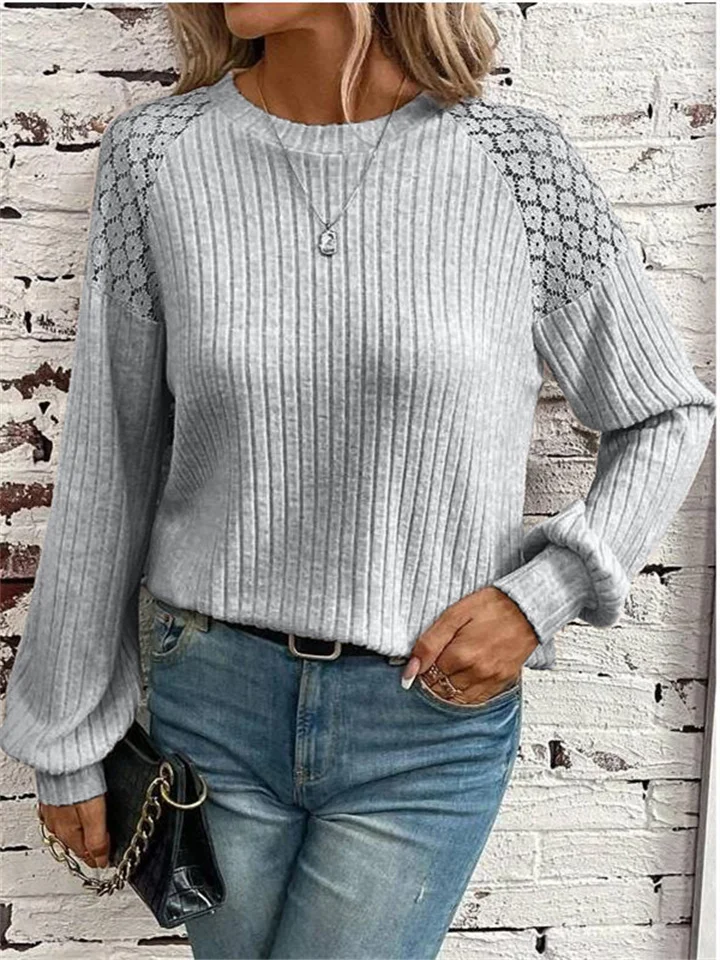 Autumn New Comfortable Casual Lace Splicing Solid Color Pullover Long-sleeved Temperament Commuter Blouse T-shirt Female-Mixcun