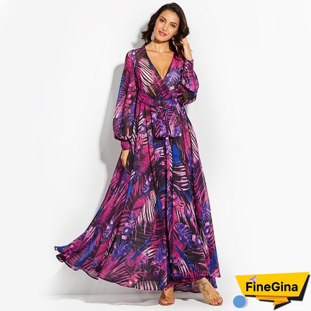 Green Purple Tropical Beach Vintage Maxi Dresses Long Sleeve Dress Boho Casual V Neck Belt Lace Up Tunic Plus Size Dress