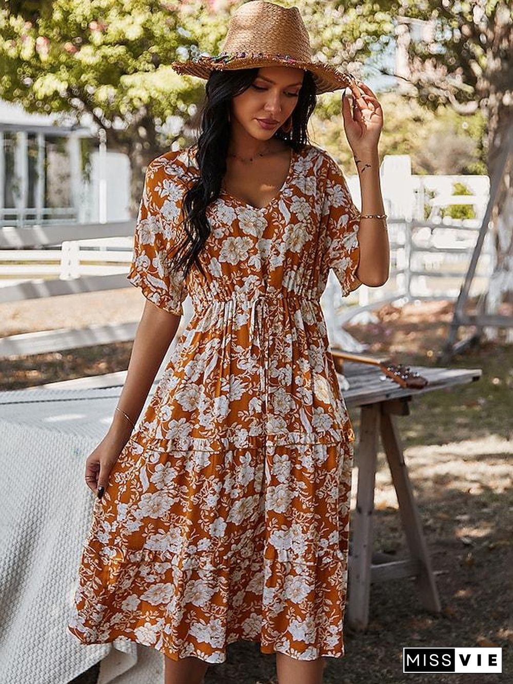 Women's Swing Dress Knee Length Dress Black Blushing Pink Orange Green Navy Blue Short Sleeve Floral Print Spring Summer V Neck Casual  S M L XL