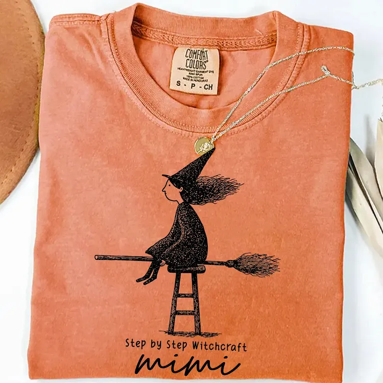 Personalized Mimi Halloween Shirt, Custom Kids Names, Step by Step Witchcraft Shirt, Cute Witch Flying Broom Gift for Grandma