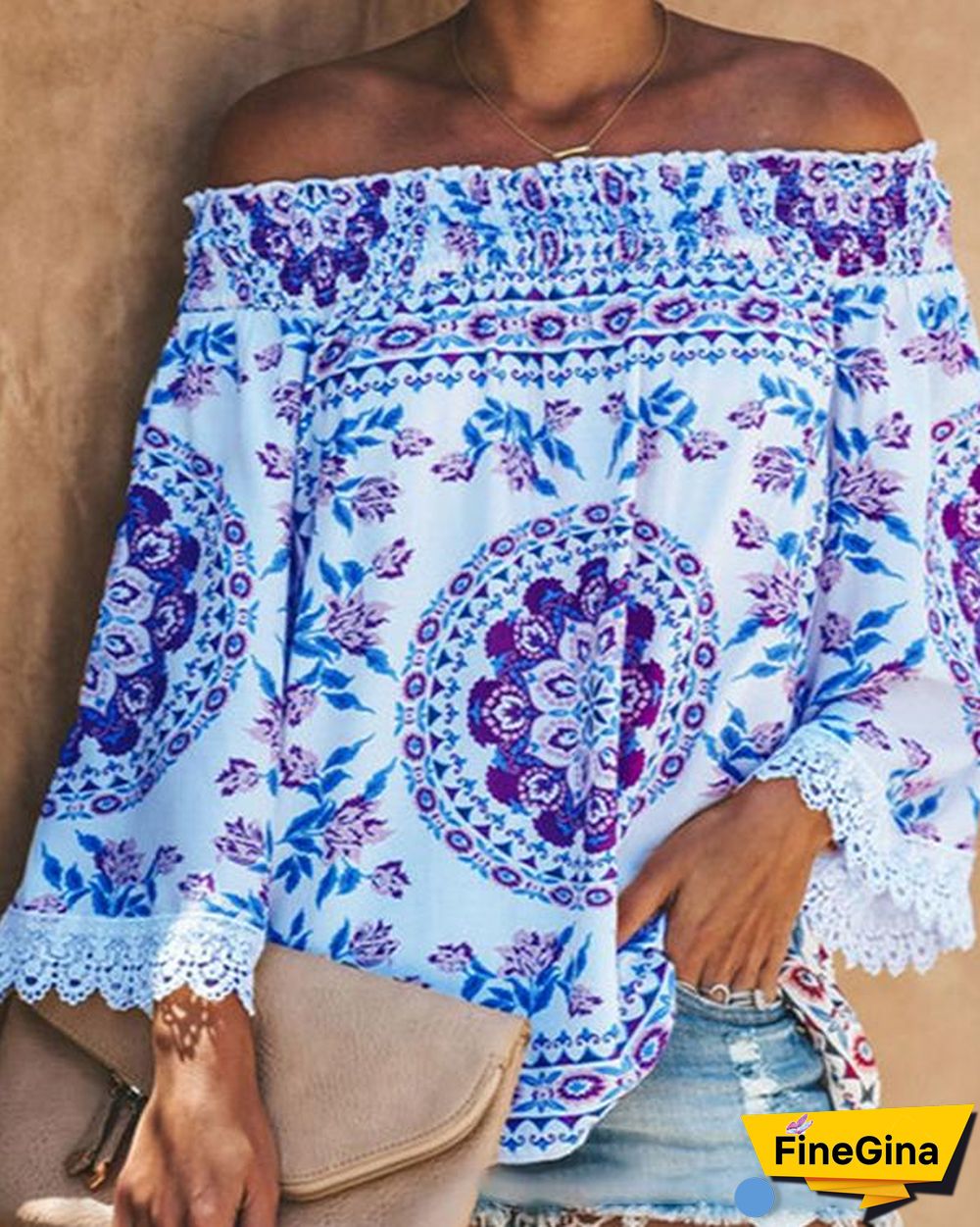 Boho Printed Casual Off Shoulder Shirts & Tops