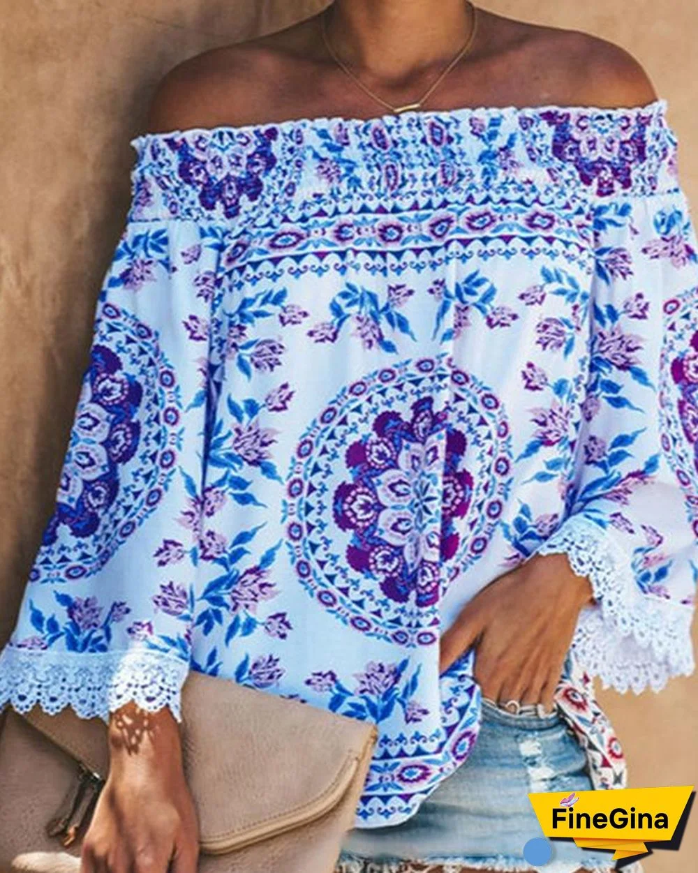 Boho Printed Casual Off Shoulder Shirts & Tops