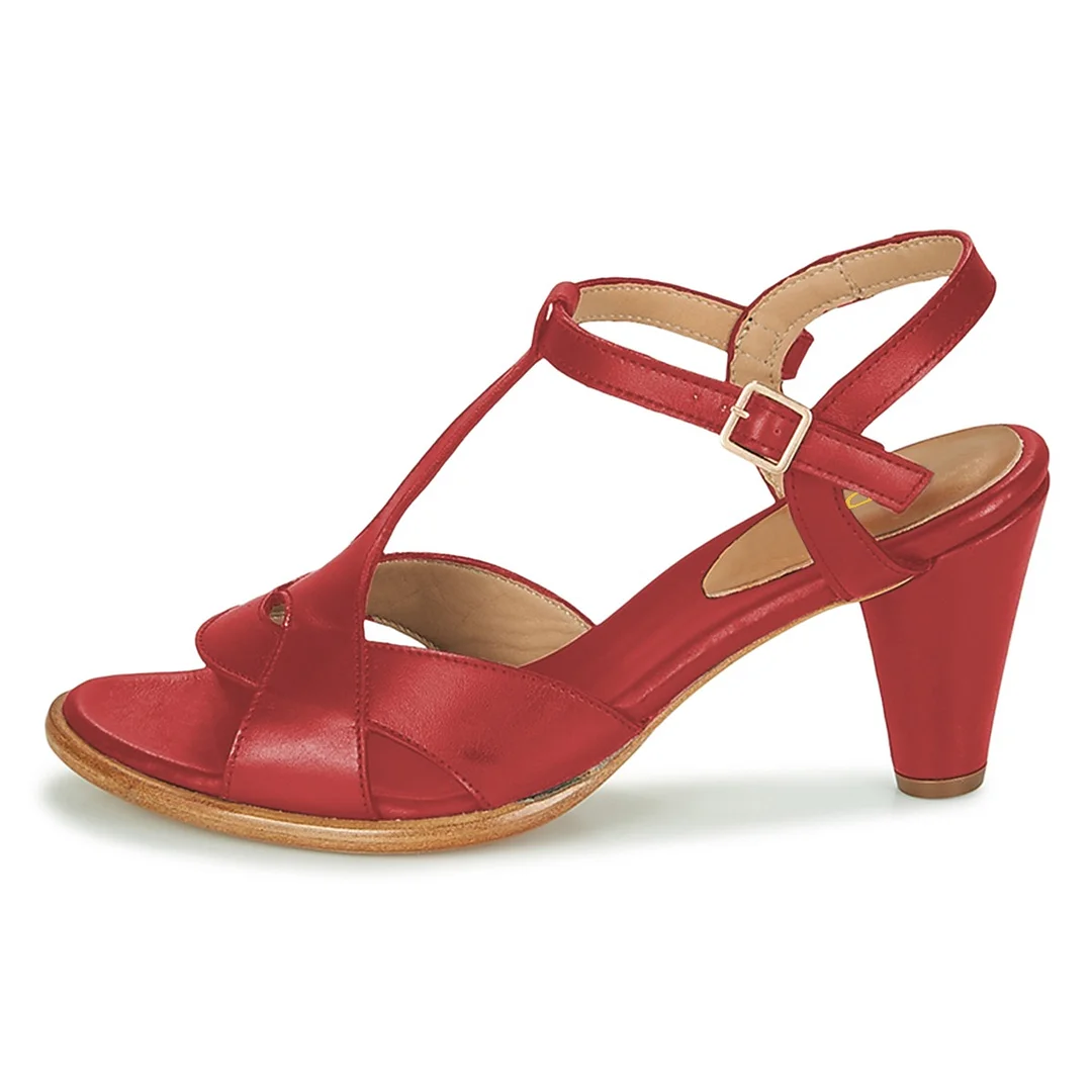 Red Open Round Toe Buckled T-Strap Simple Women's Heel Sandals
