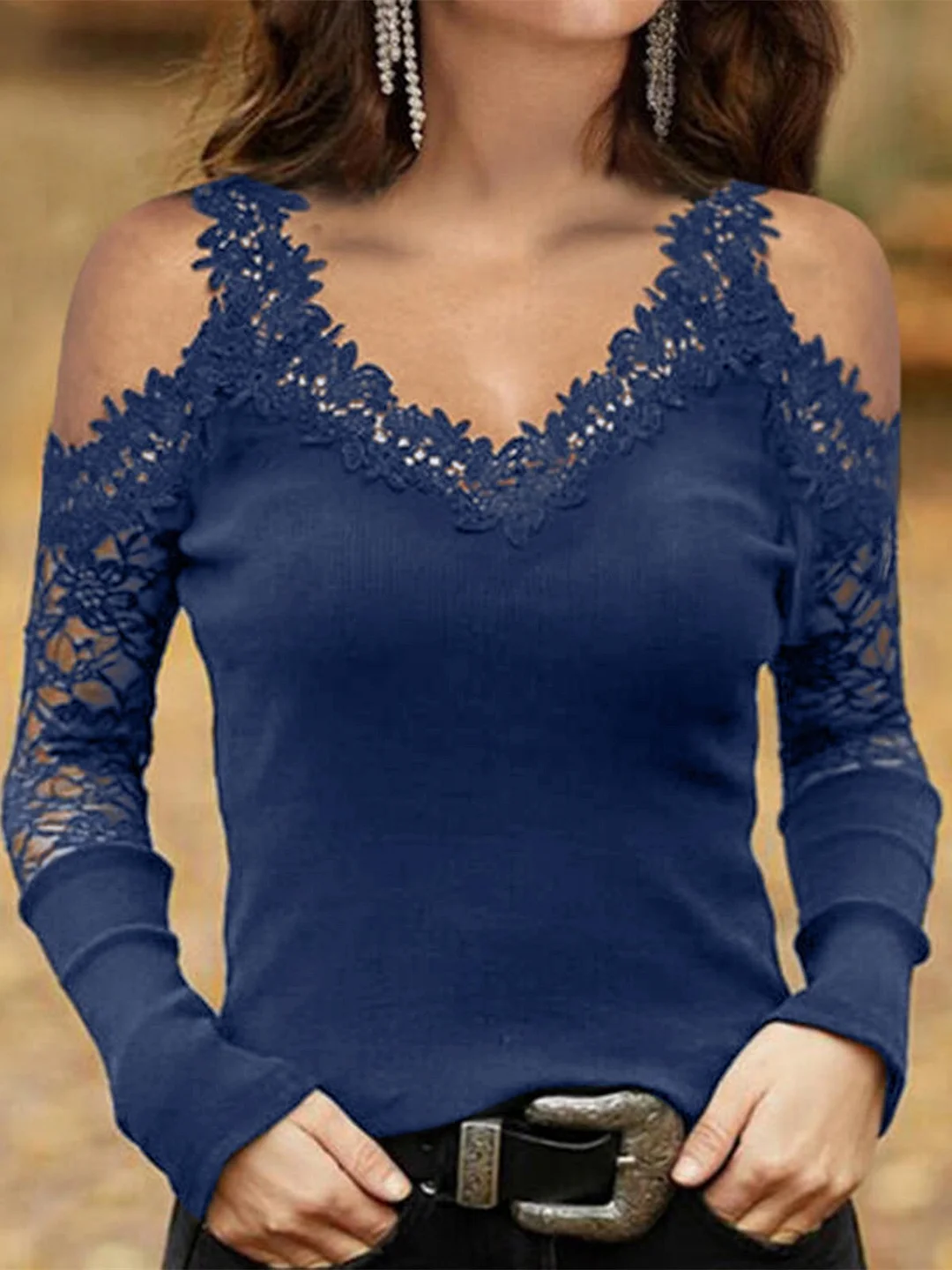 Women Long Sleeve V-neck Lace-up Tops