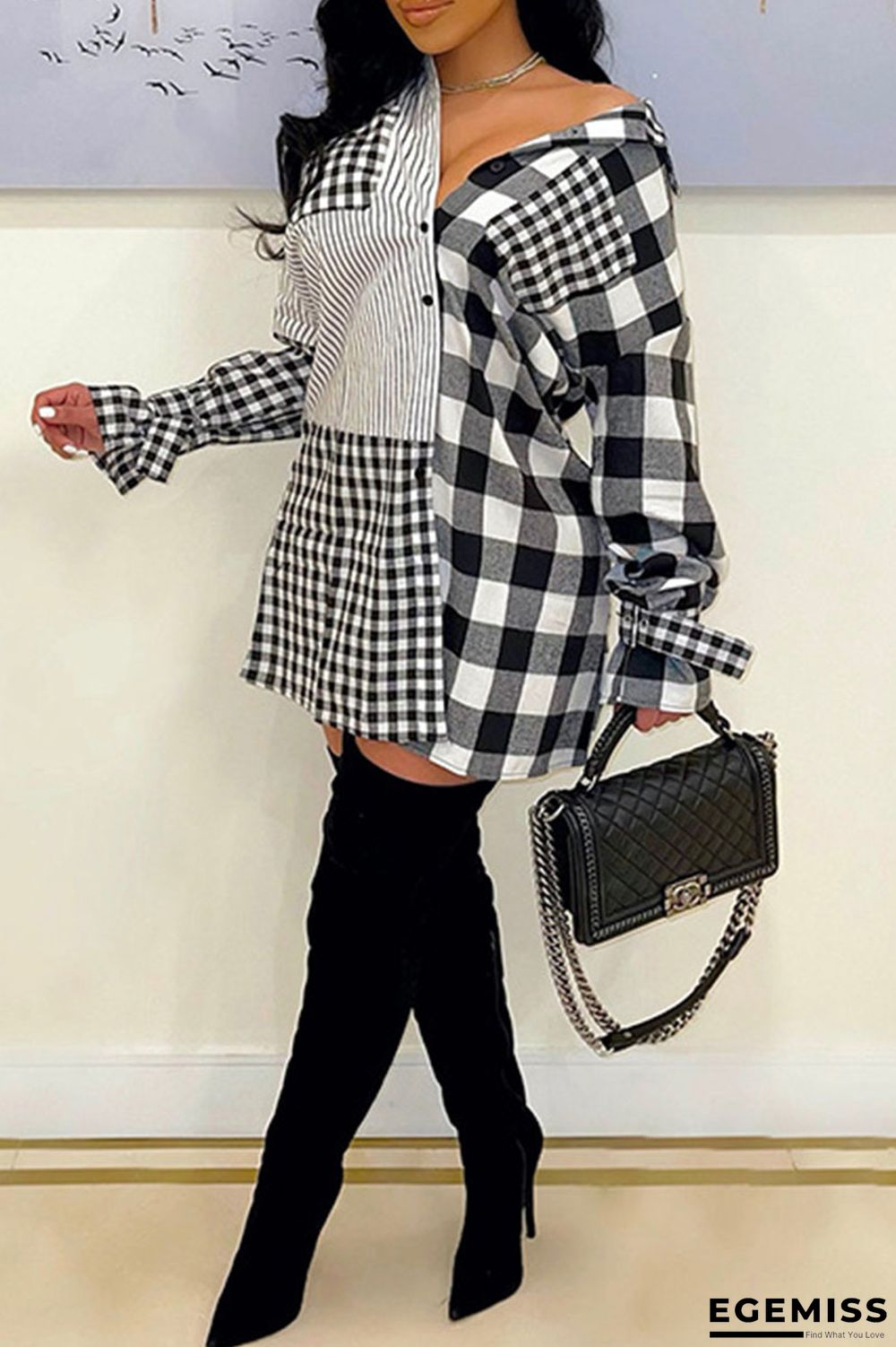 Black And White Casual Plaid Print Patchwork Buckle Turndown Collar Shirt Dress Dresses | EGEMISS