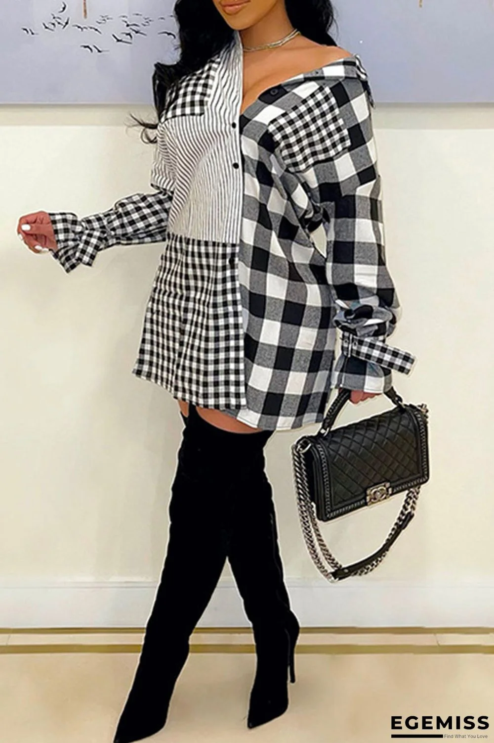 Black And White Casual Plaid Print Patchwork Buckle Turndown Collar Shirt Dress Dresses | EGEMISS