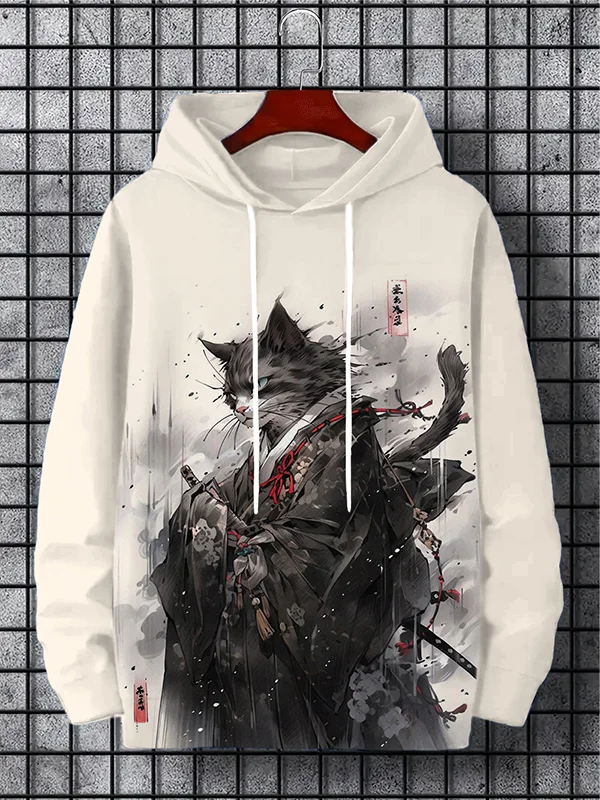 Men's Japanese Cat Kimono Samurai Ink Painting Print Casual Hoodie