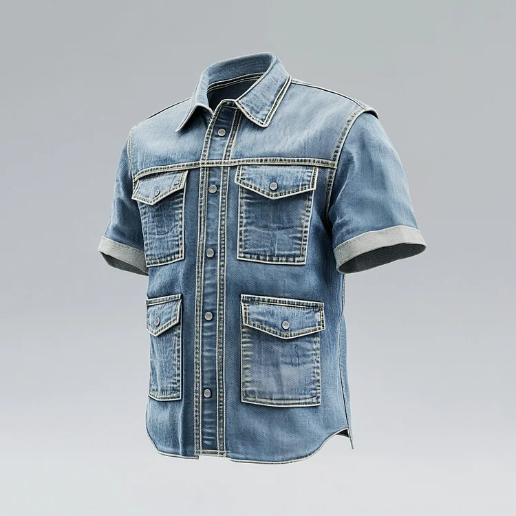 Men's Turndown Collar Button Pockets Short Sleeve Denim Safari Shirt