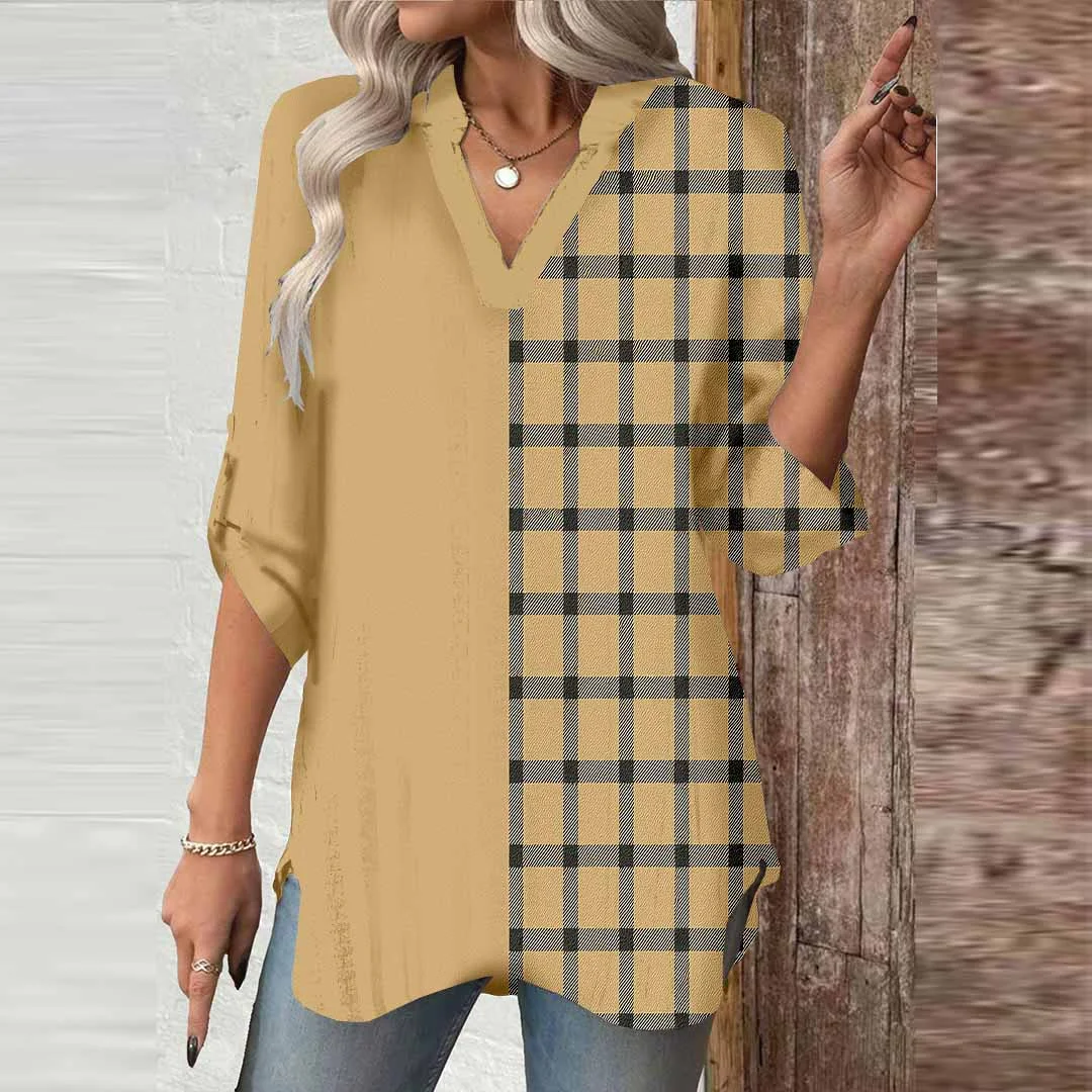 Women Checkered,Khaki,Black DZGA0308 3/4 Sleeve V-neck Printed Graphic Button Tops