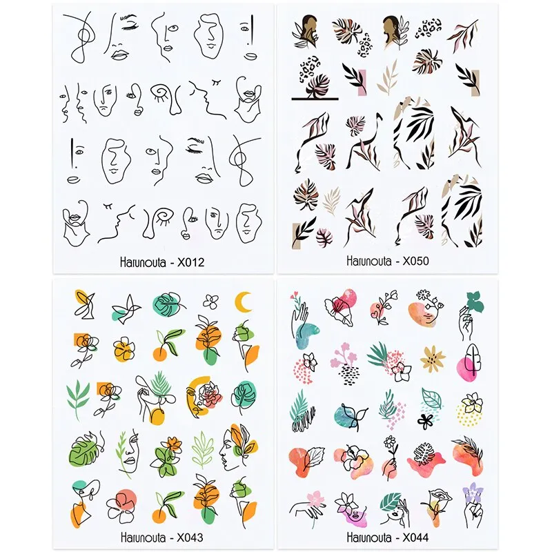 Harunouta Sexy Girl Geometric Lines Nail Water Stickers Set Spring Simple Flower Leaves Decals Sliders DIY Nail Art Decoration