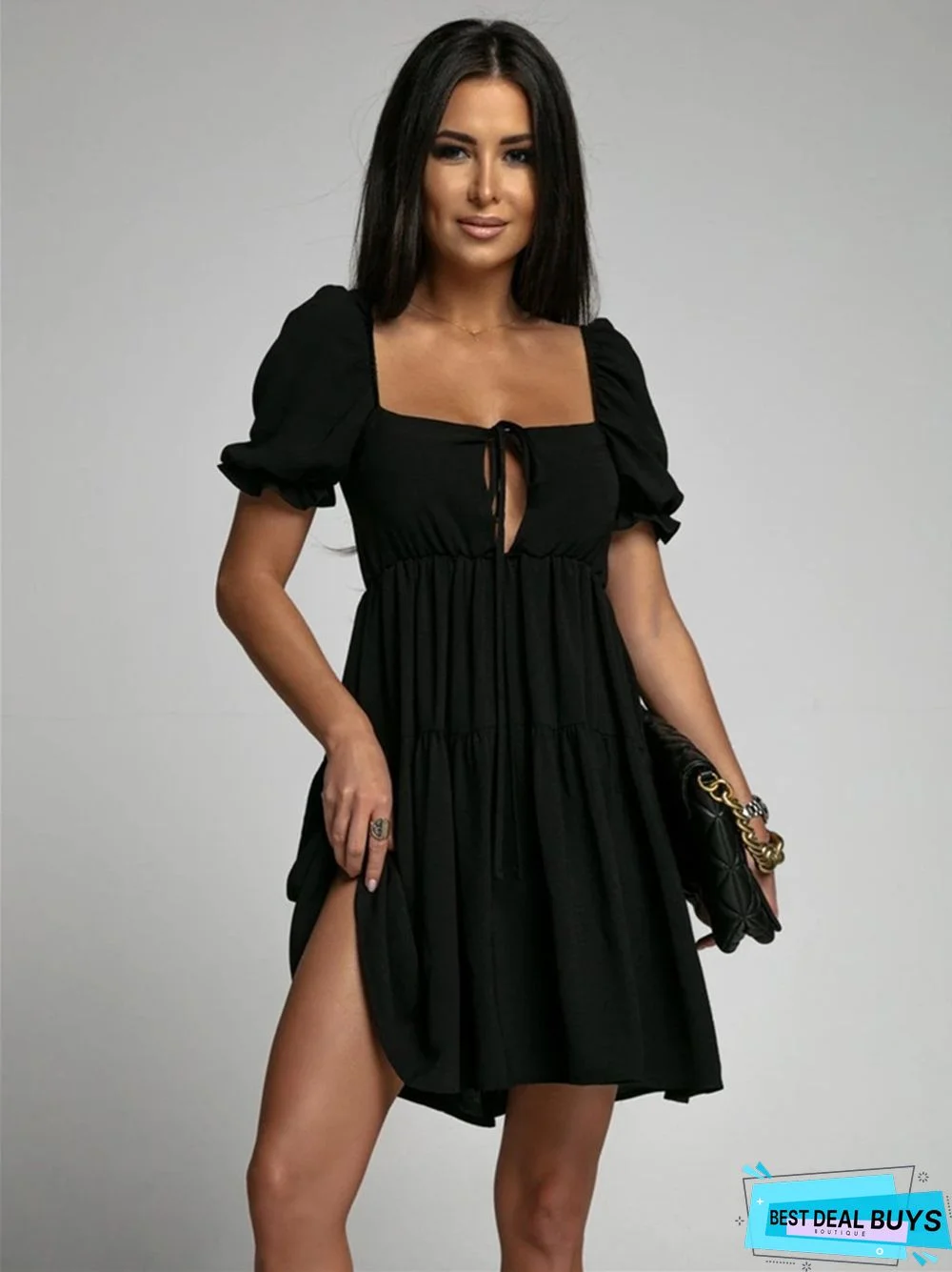 Straight Neckline Waist Open Back Solid Color Sweet Dress