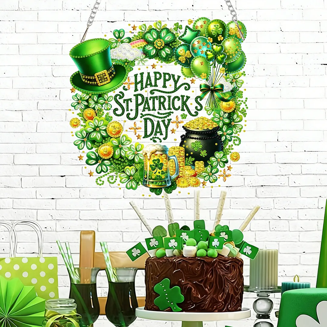 St Patricks Wreath DIY 2D Flat Acrylic Diamond Painting Kits 5D Diamond Art Painting Window Pendants for Home Garden Wall Decoration
