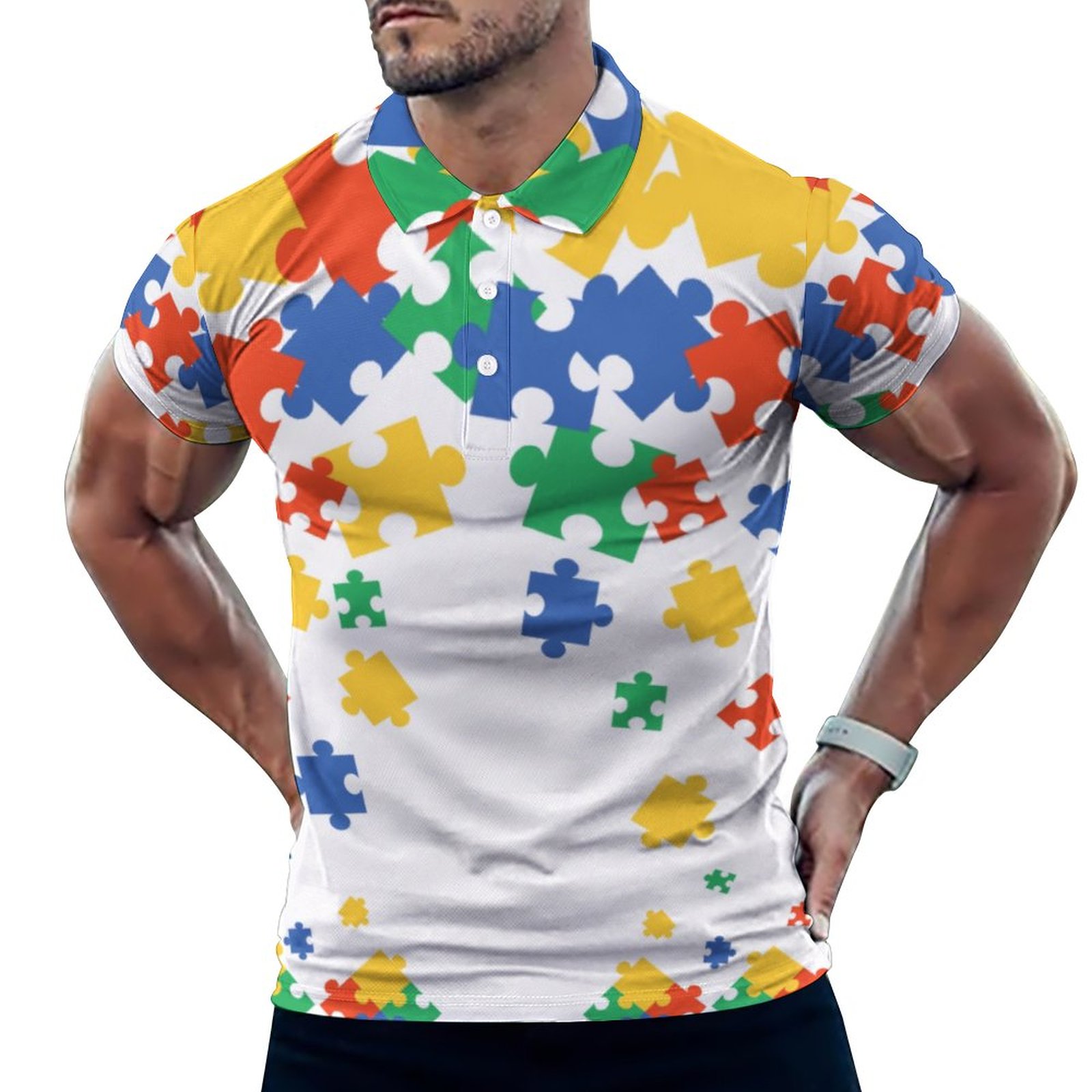 Autism Awareness Colorful Puzzle Pieces Men's Short Sleeve Casual Polo Shirts