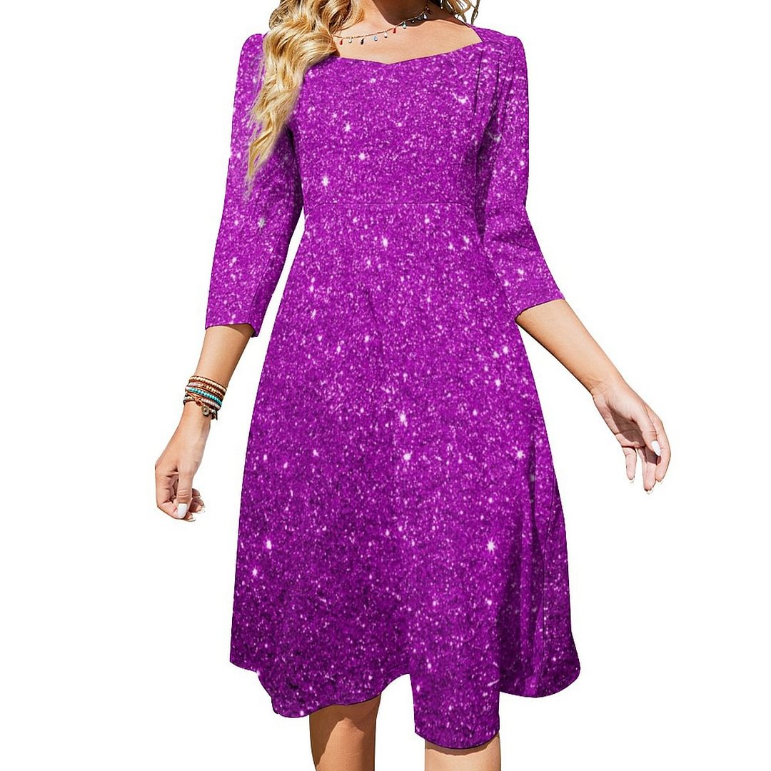 Cool Cute Bright Purple Glitter Pattern Dress Sweetheart Tie Back Flared 3/4 Sleeve Midi Dresses