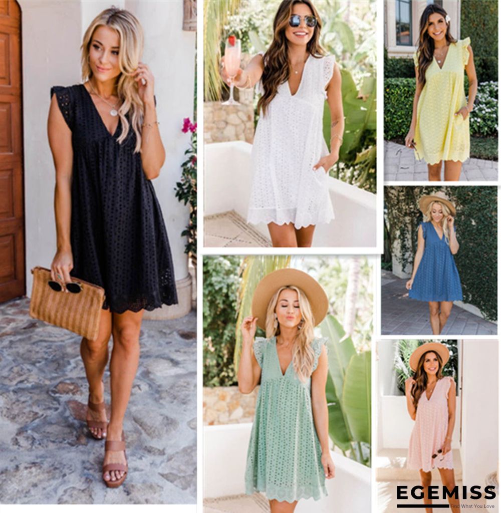 Lace Jacquard Hollowed Out V-neck Dress Women's Pocket Lining Shorts | EGEMISS