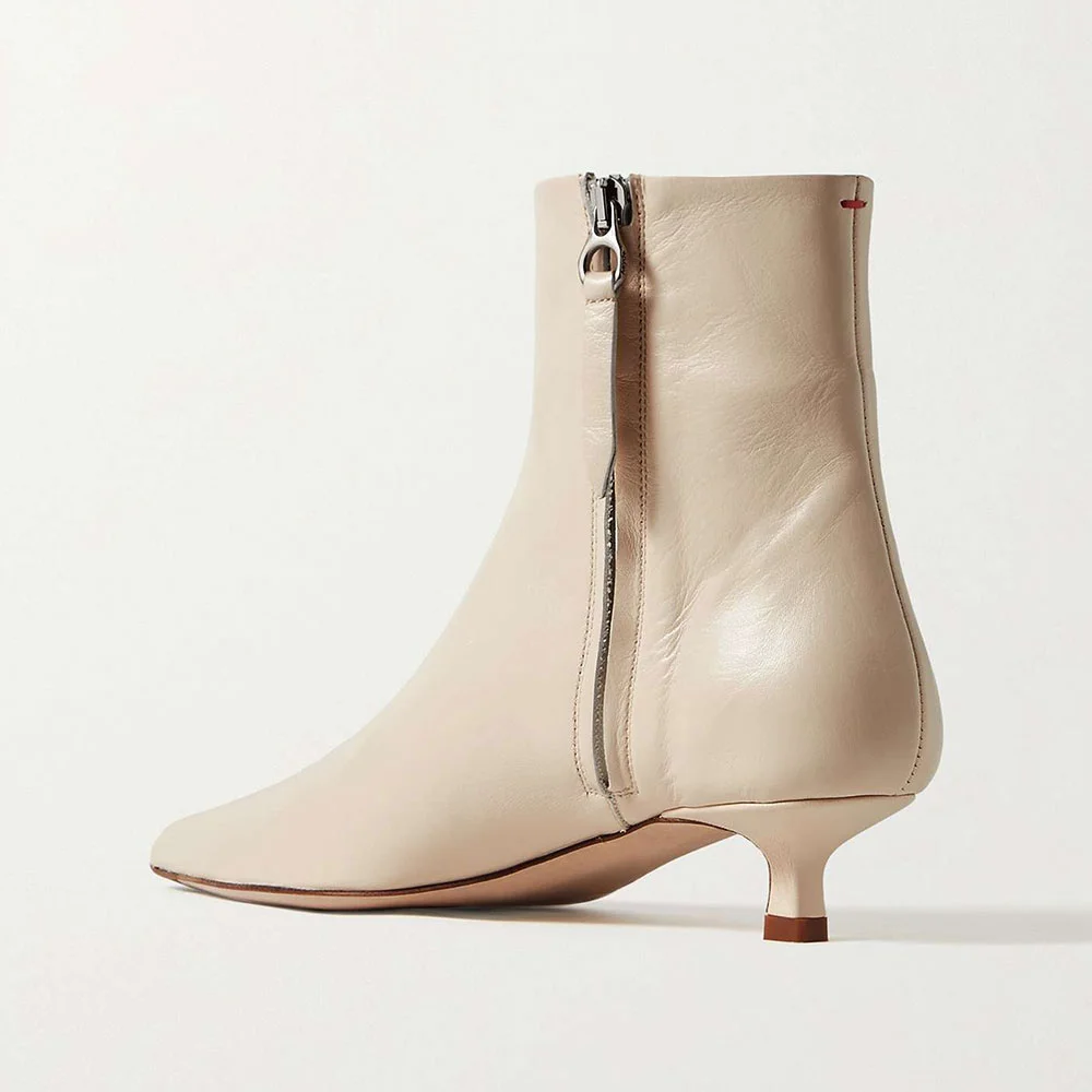 Beige Kitten Heel Side Zipper Pointed Toe Short Boots for Women