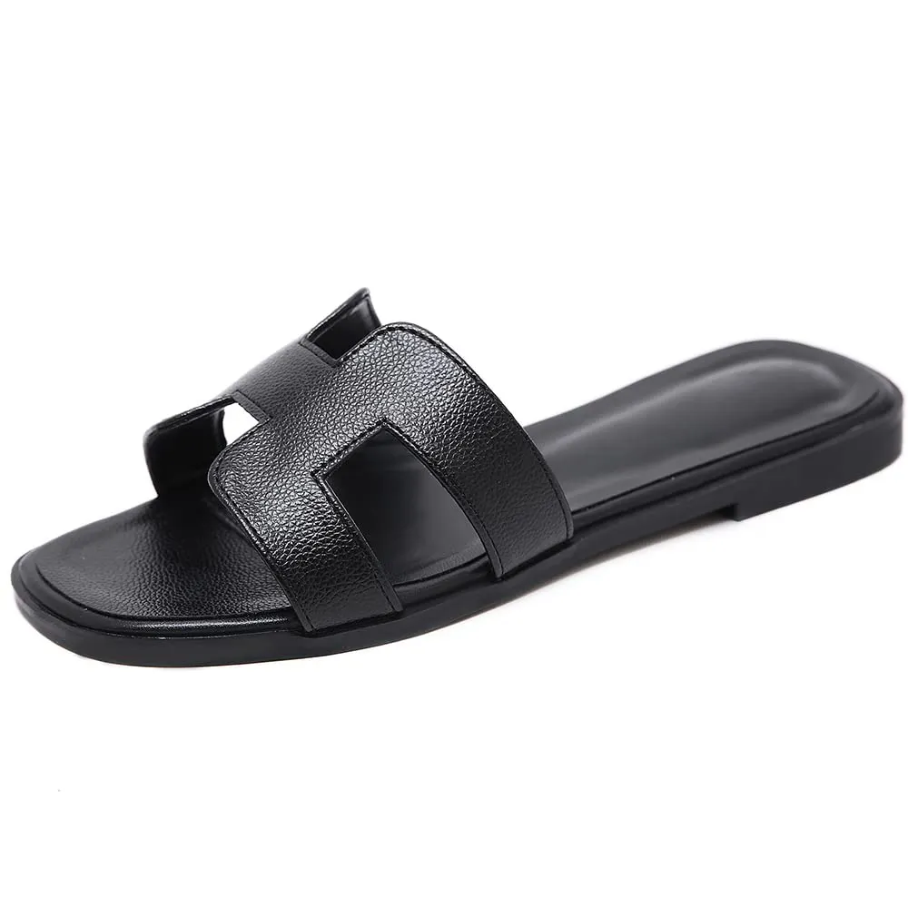 Women's Square Open Toe Summer Casual Flat Litchi Slippers-vocosishoes