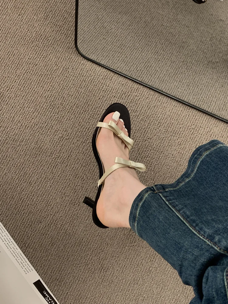 Breakj Breakj Fairy Wind Bow Black High Heels Women Cut Men And Cool Slippers Dew Word With Beautiful Sandals