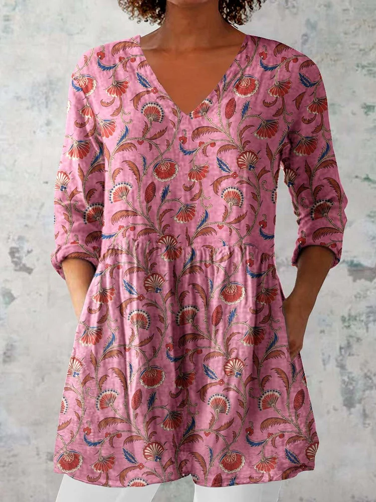 Women's Classic Round Neck Floral Pattern Cotton and Linen Top