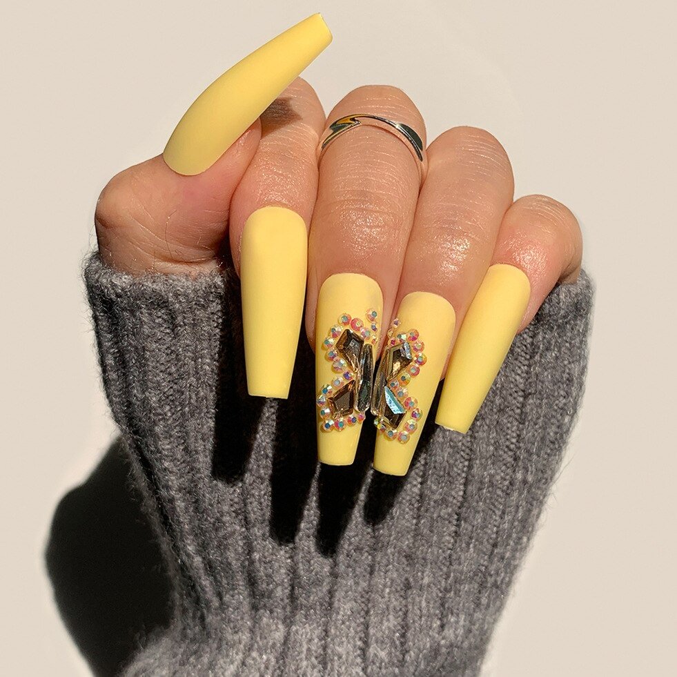 Agreedl Yellow Ballet Matte Fake Nails Rhinestone Butterfly Manicure Decorative Design Detachable Full Cover Press On Nail Tips