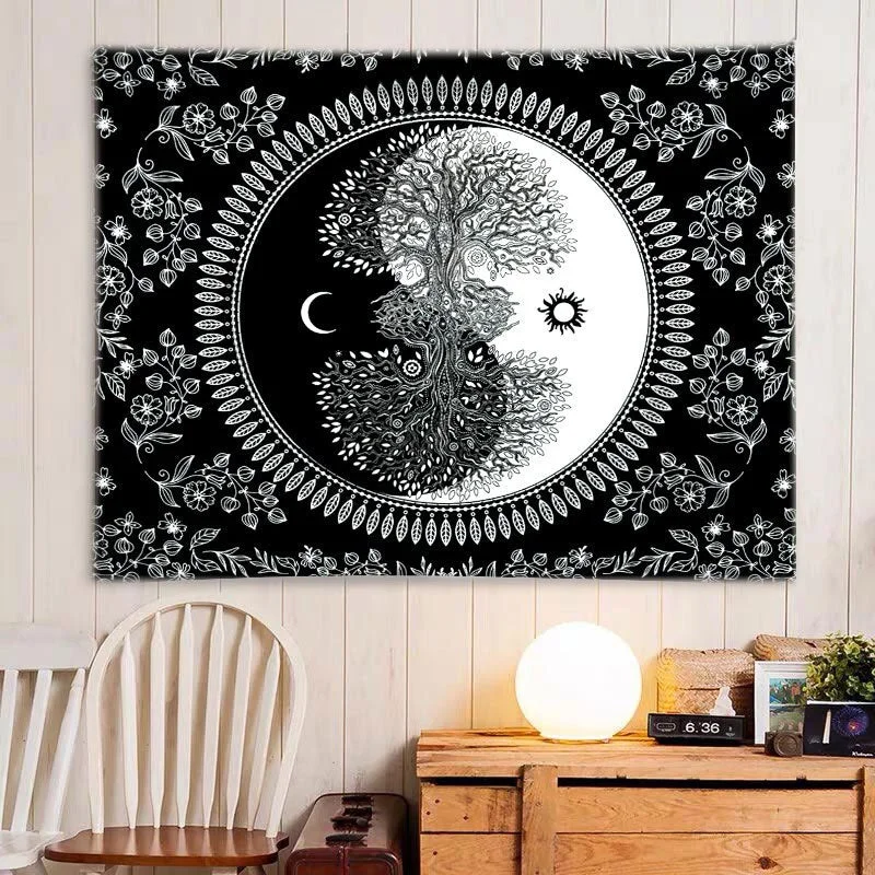 White Black Sun And Moon Tapestry Gossip Tapestries Mandala Tapestry Wall Hanging  Hippie Wall Rugs Dorm Decor Blanket 95x73cm
