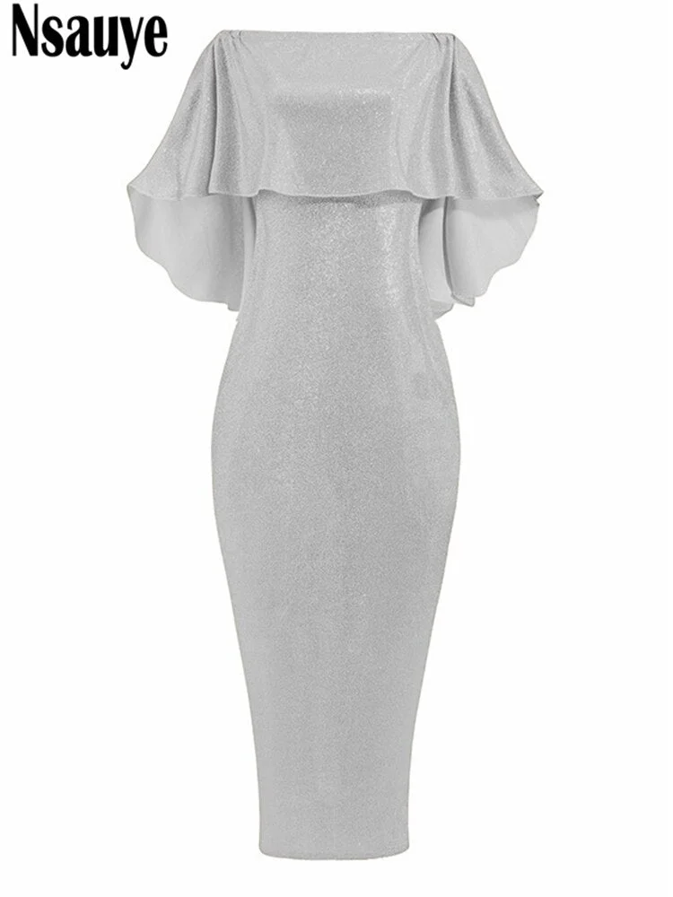 Nsauye 2022 Bling Glitter Elegant Party Evening Maxi Dress Y2K Bodycon Sexy Women Summer Off Shoulder Ruffles Solid Long Dresses