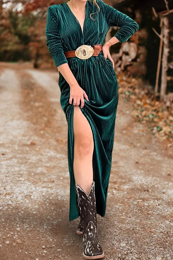 Pretty V-Neck Long-Sleeved Corduroy Dress