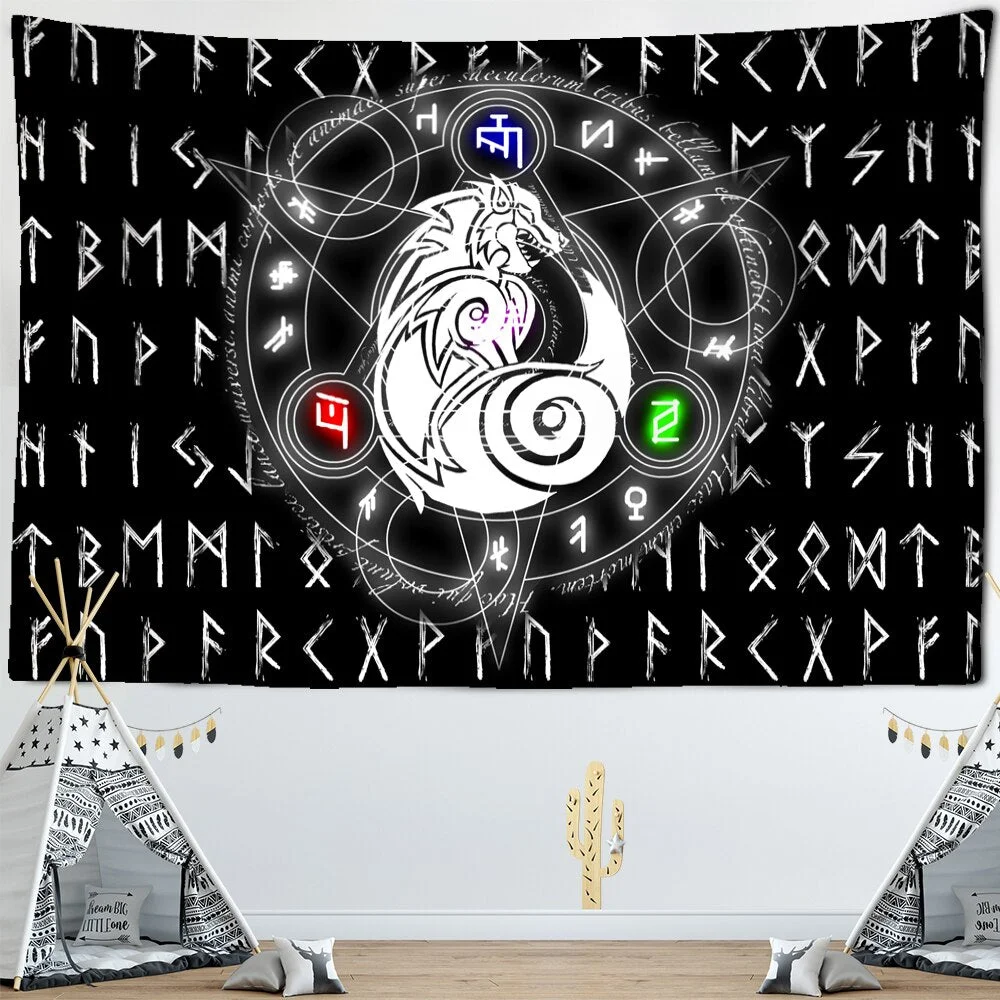 Vikings Tapestry wall Raven Mysterious Meditation Psychedelic Runes Art Wall Hanging Tapestries for Living Room Tarot Sun Moon