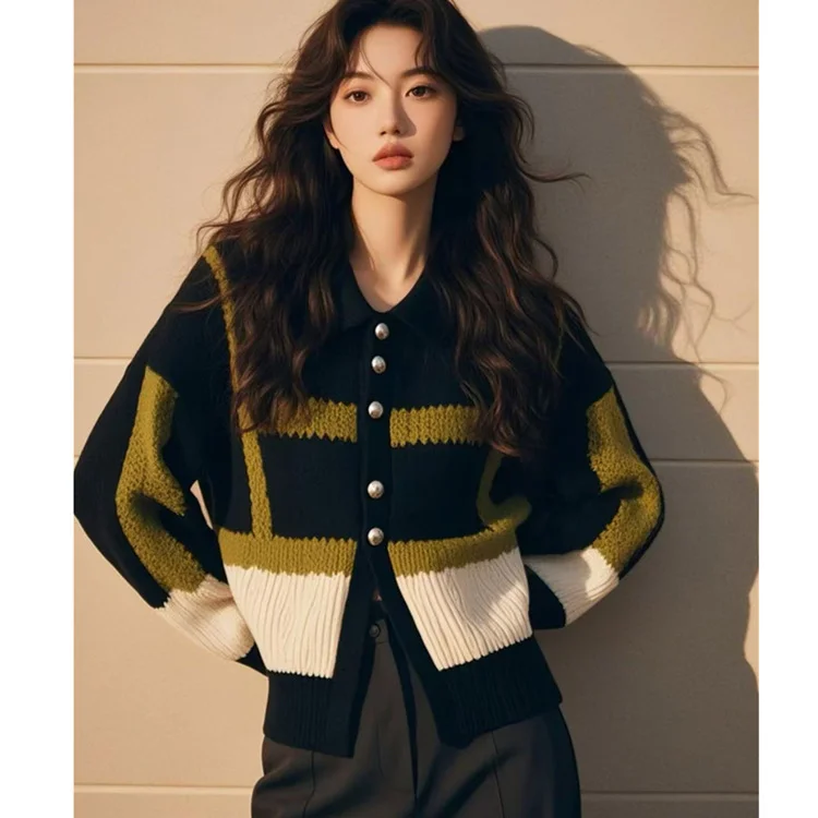 Athvotar Athvotar Sweater In Autumn And Winter 2025 Retro Loose Color Design With A Sense Of Collar Small Fragrant Long-Sleeved Knitted Cardigan